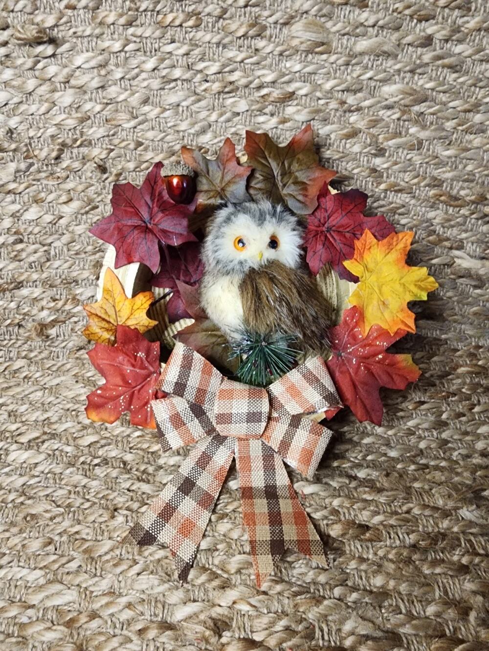 Fall Owl Wall Wreath Home Decor Resin Wood Leaves Acorn Front Door 8.5"